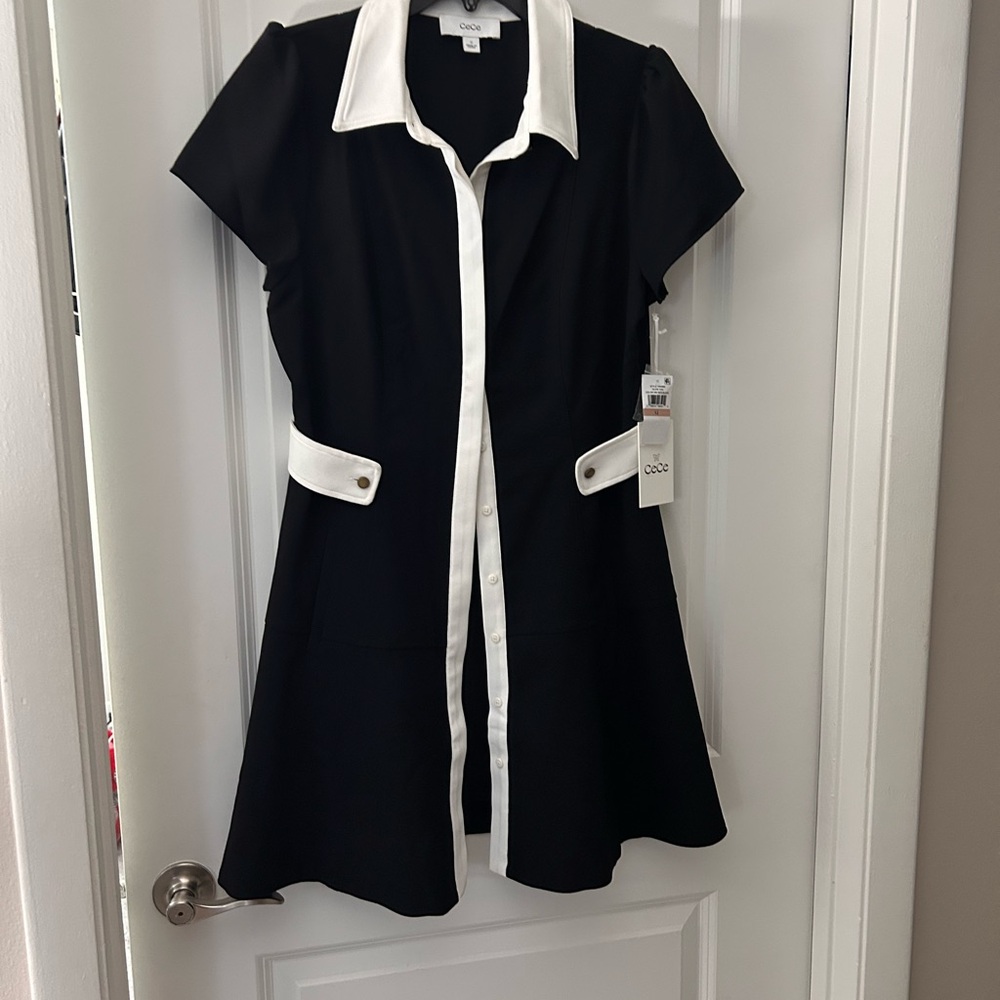 CeCe Black and White A-Line Flutter Sleeve Dress
